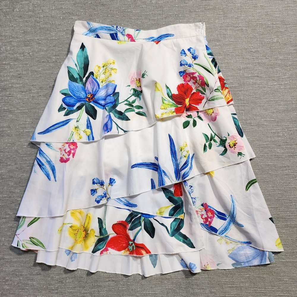 Wayward Fancies eShakti Custom Floral Tiered Ruffle Midi Skirt‎ White Multi